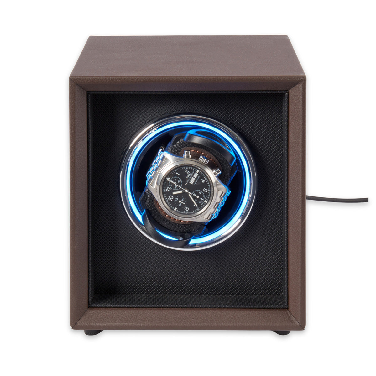 Single Brown Leather Watch Winder with Color Changing Light