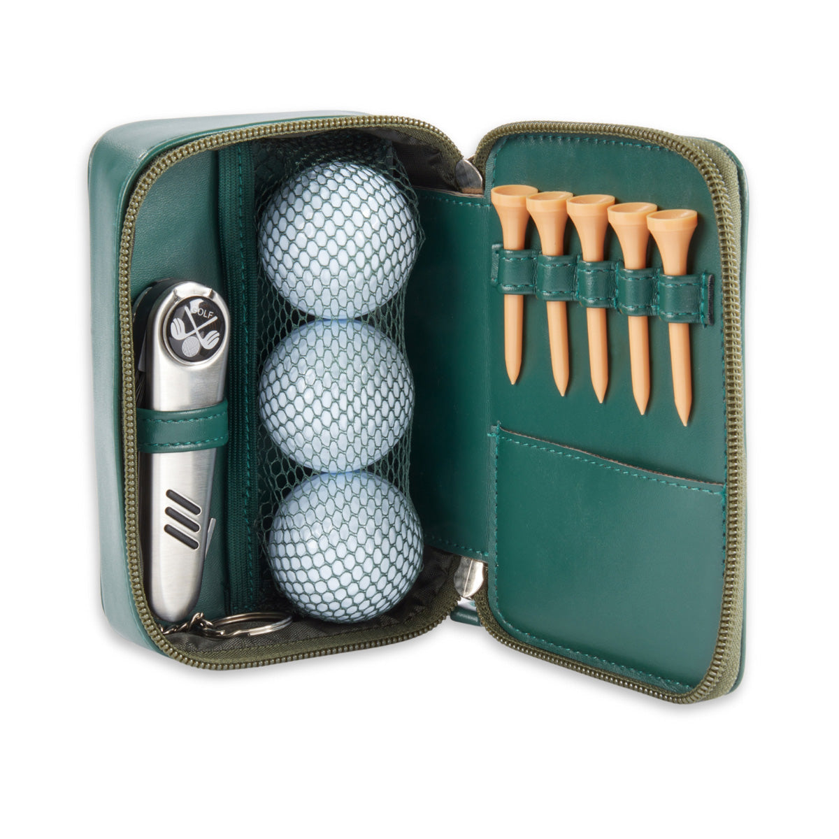 9 Pc. Green Leather Travel Golf Set with Zipper Closure - image 3