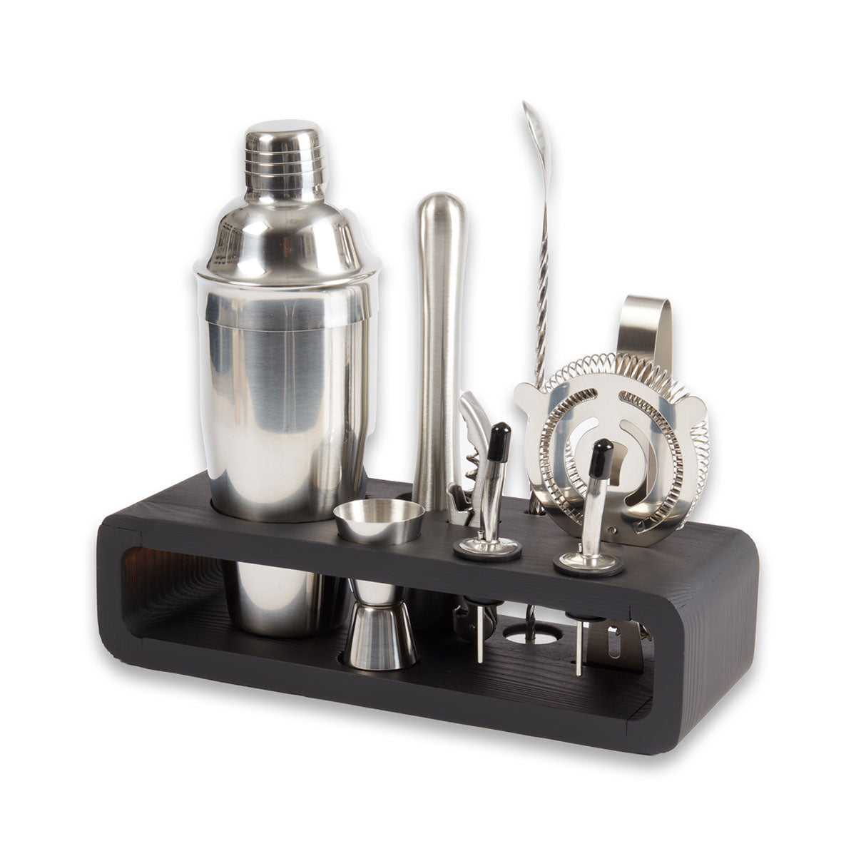 9 Piece Bar Set with Cocktail Shaker Set and Black Wood Base - image 3