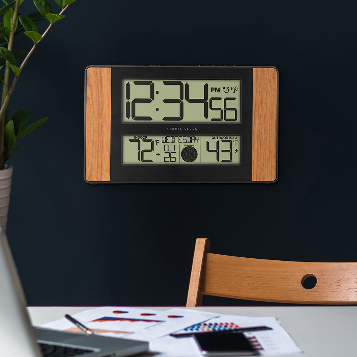 Atomic Digital Wall Clock with Temperature and Moon Phase