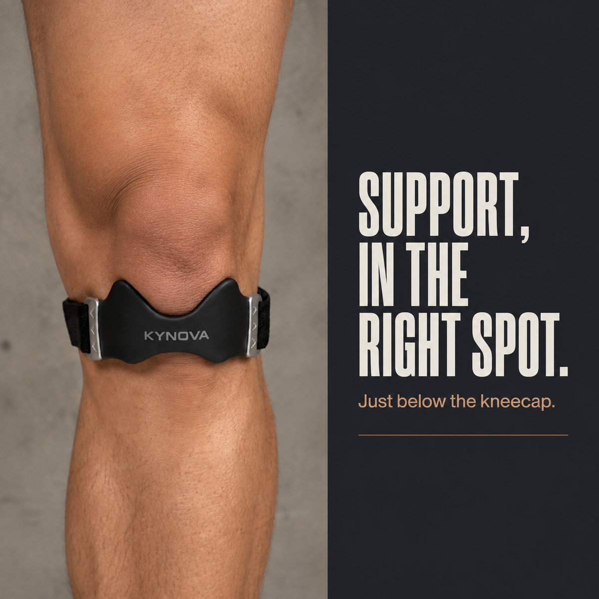 Close-up of Kynova fit below a man's kneecap