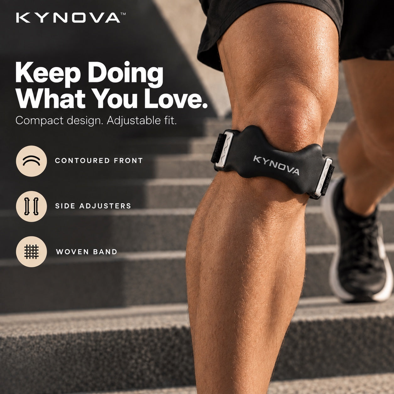 Kynova worn below the kneecap with contoured front, side adjusters and woven band identified